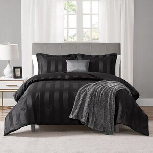 Mainstays King 5-Piece Damask Stripe Comforter Set – Rich Black Bedding Adult
